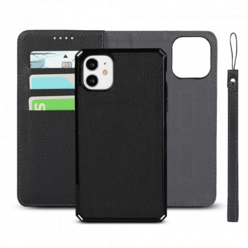 Folio Cover iPhone 11 Custodia in pelle Cinturino In Vera Pelle Di Litchi