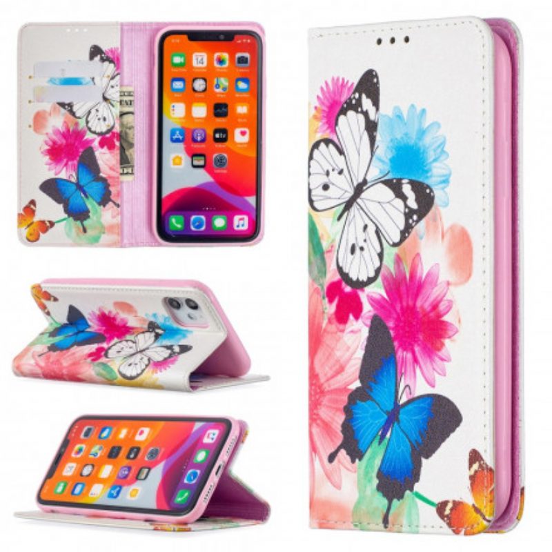 Folio Cover iPhone 11 Custodia in pelle Farfalle Colorate