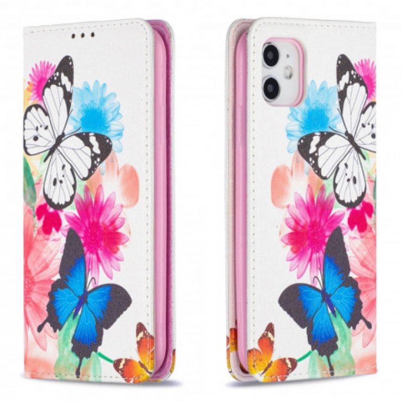 Folio Cover iPhone 11 Custodia in pelle Farfalle Colorate