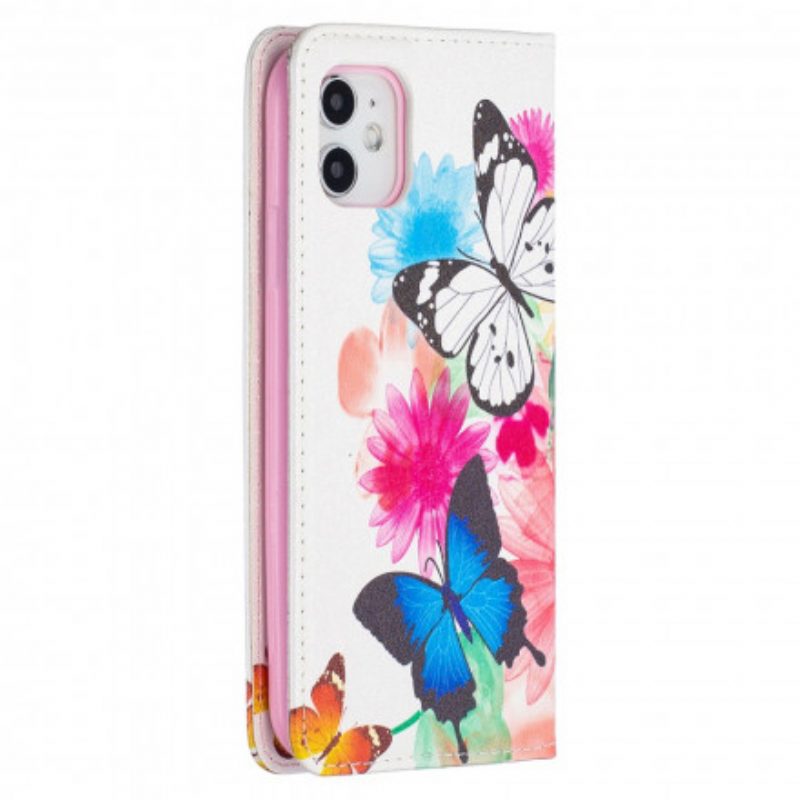 Folio Cover iPhone 11 Custodia in pelle Farfalle Colorate