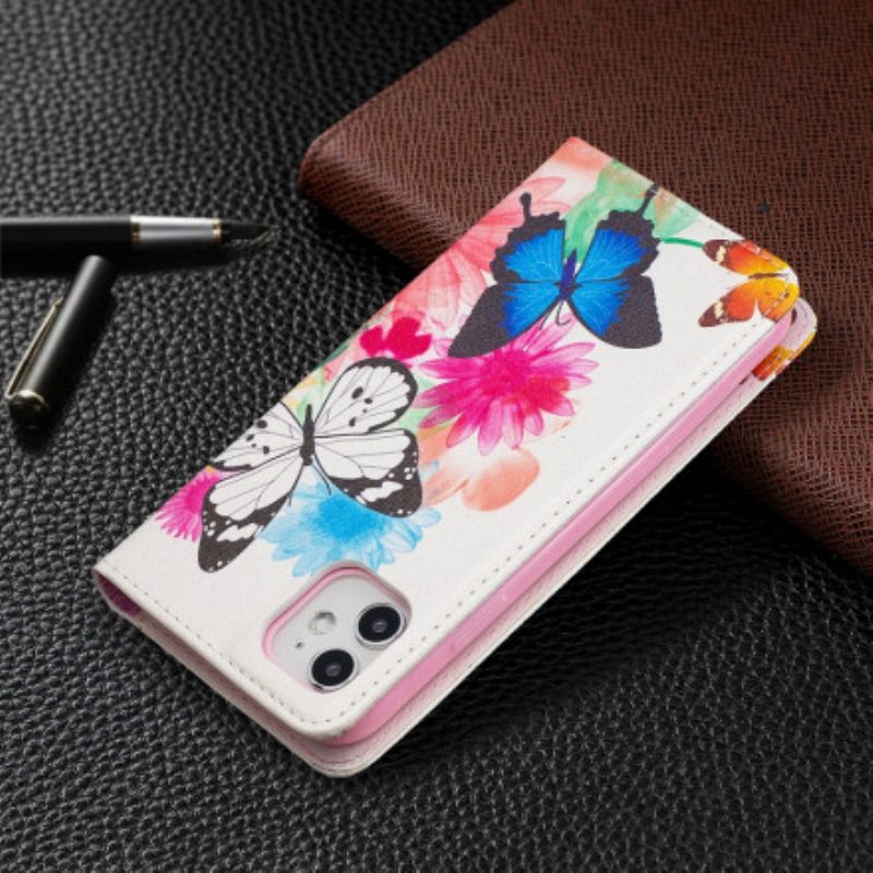 Folio Cover iPhone 11 Custodia in pelle Farfalle Colorate