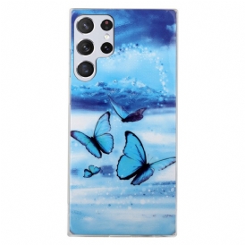 Cover Samsung Galaxy S22 Ultra 5G Farfalle Blu Fluorescenti