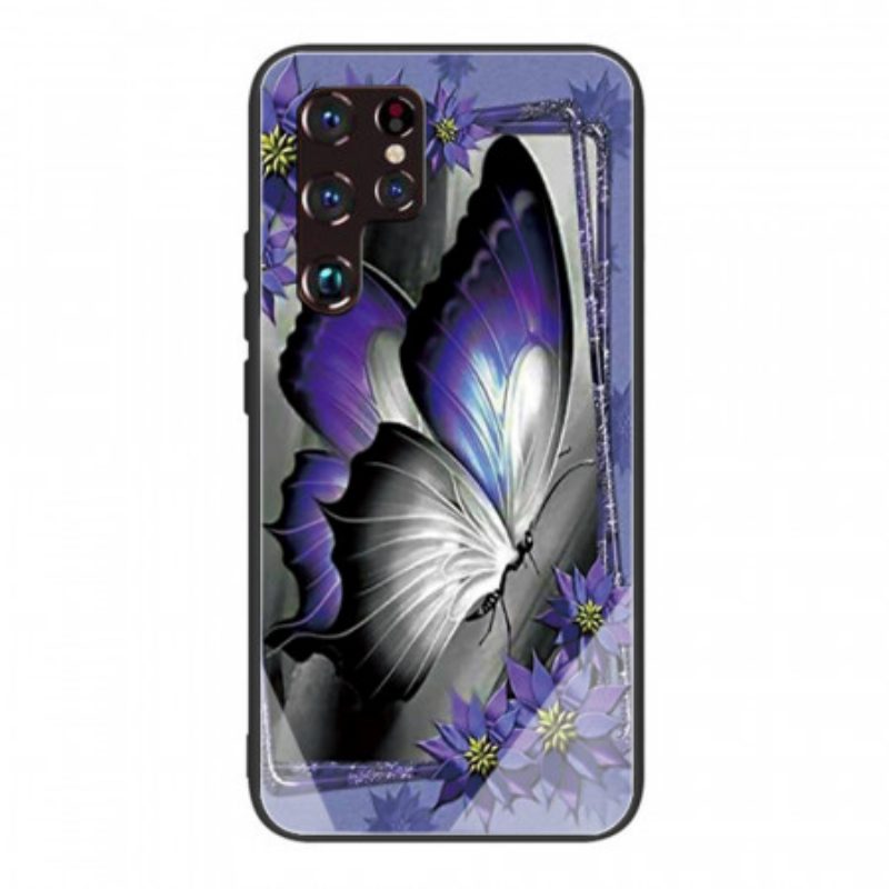 Cover Samsung Galaxy S22 Ultra 5G Vetro Temperato Farfalla Viola