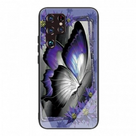 Cover Samsung Galaxy S22 Ultra 5G Vetro Temperato Farfalla Viola