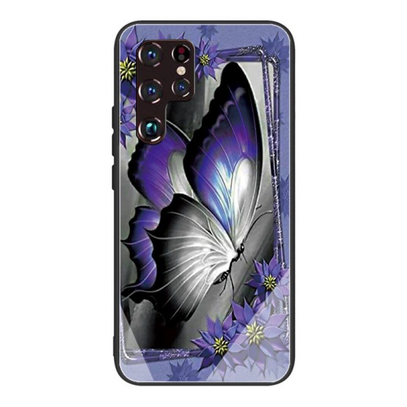 Cover Samsung Galaxy S22 Ultra 5G Vetro Temperato Farfalla Viola