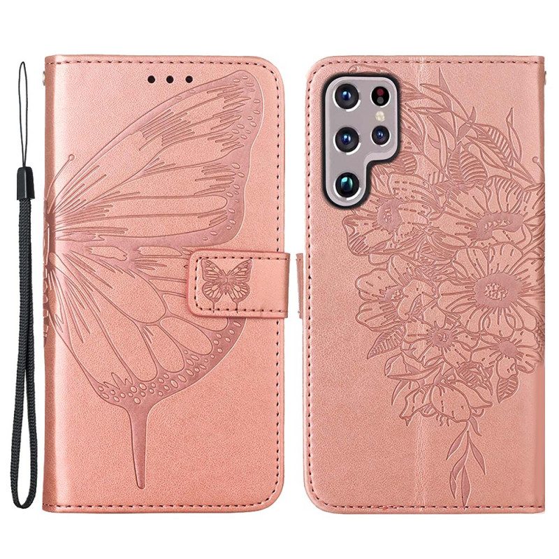 Custodia A Portafoglio Samsung Galaxy S22 Ultra 5G Design A Farfalla Con Cordino