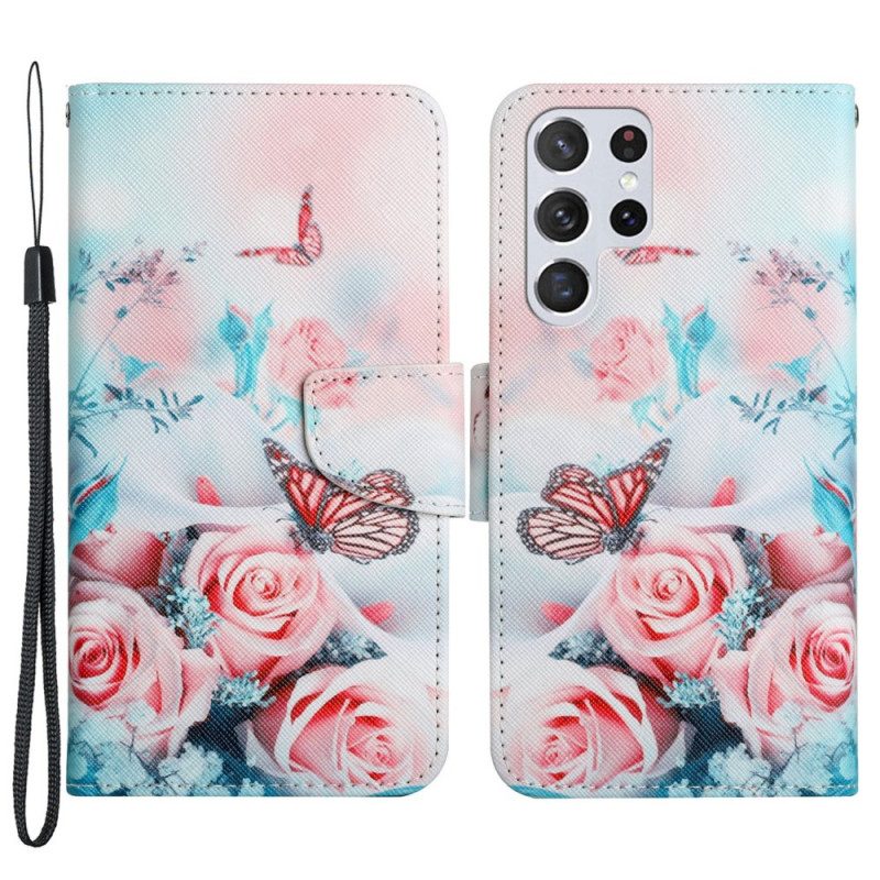 Custodia in pelle Samsung Galaxy S22 Ultra 5G Bouquet Di Fiori E Farfalle