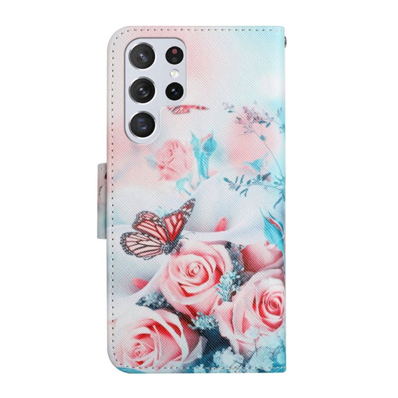 Custodia in pelle Samsung Galaxy S22 Ultra 5G Bouquet Di Fiori E Farfalle