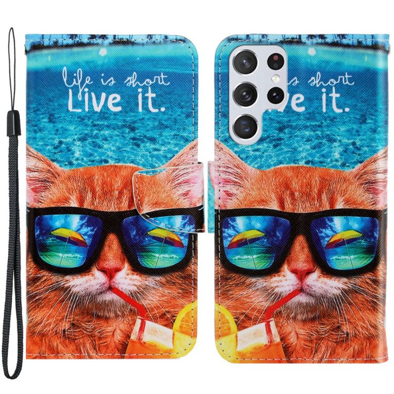 Custodia in pelle Samsung Galaxy S22 Ultra 5G Cat Live It Strappy