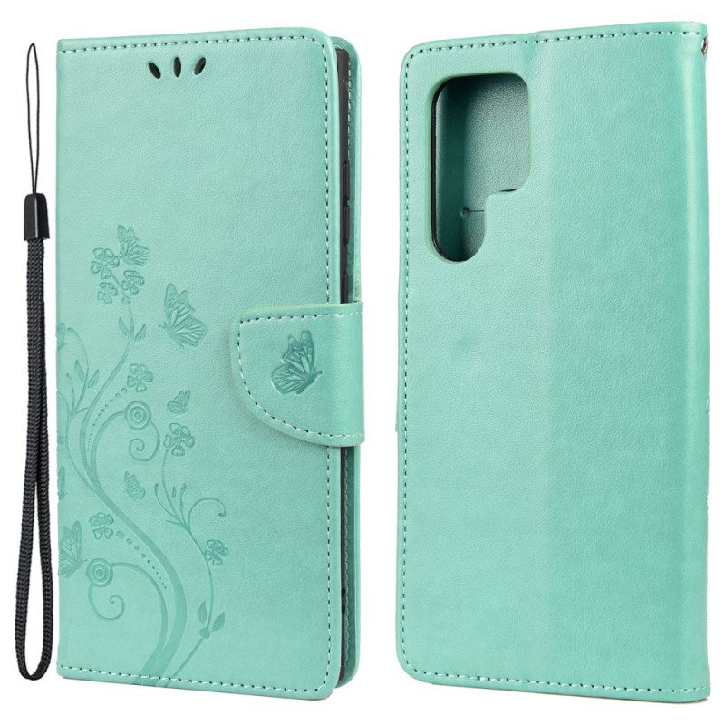 Custodia in pelle Samsung Galaxy S22 Ultra 5G Farfalle E Fiori Con Cordino