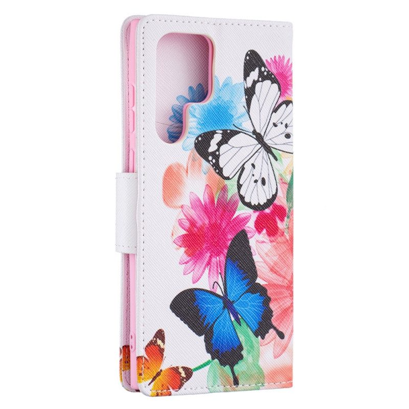 Custodia in pelle Samsung Galaxy S22 Ultra 5G Farfalle E Fiori Dipinti