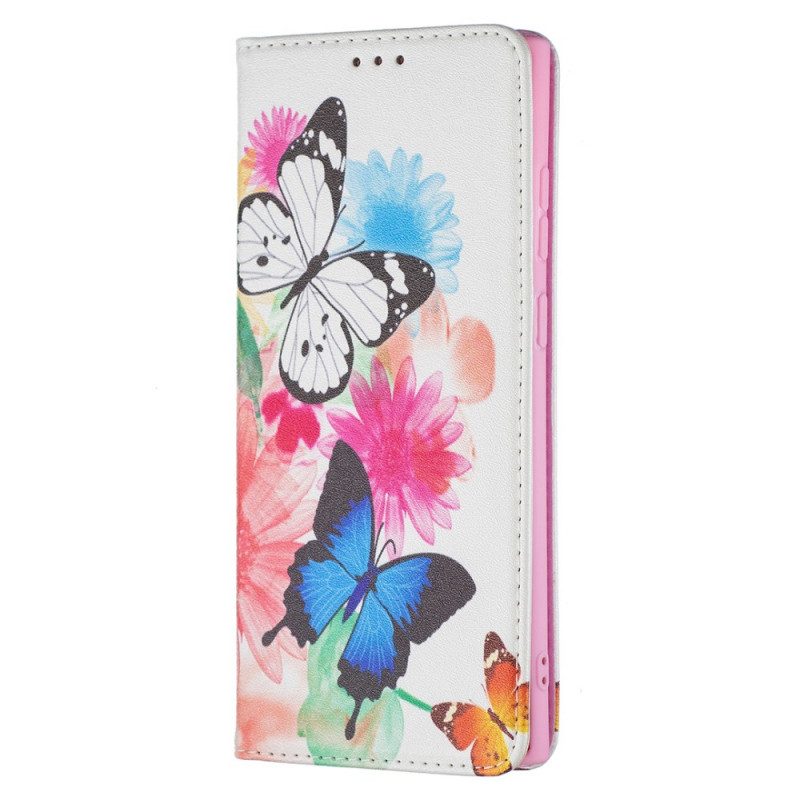 Custodia in pelle Samsung Galaxy S22 Ultra 5G Farfalle E Fiori Dipinti