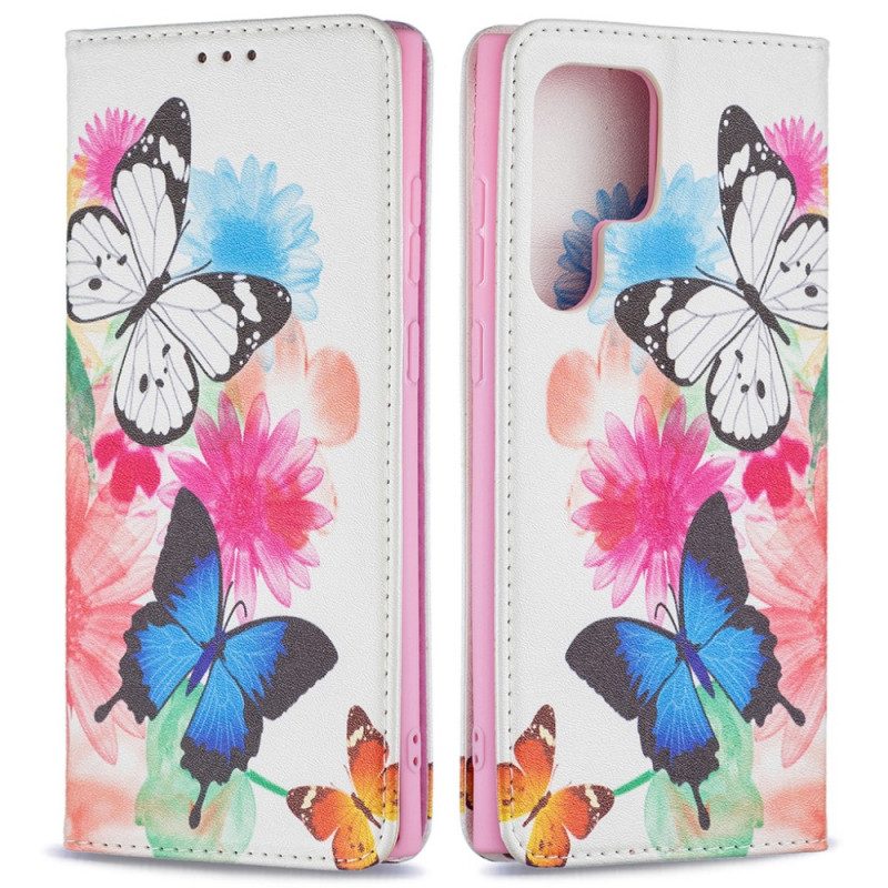 Custodia in pelle Samsung Galaxy S22 Ultra 5G Farfalle E Fiori Dipinti