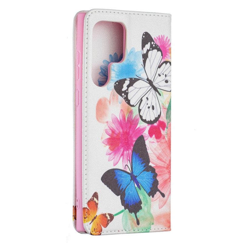 Custodia in pelle Samsung Galaxy S22 Ultra 5G Farfalle E Fiori Dipinti