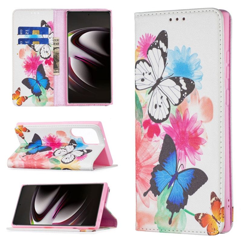 Custodia in pelle Samsung Galaxy S22 Ultra 5G Farfalle E Fiori Dipinti