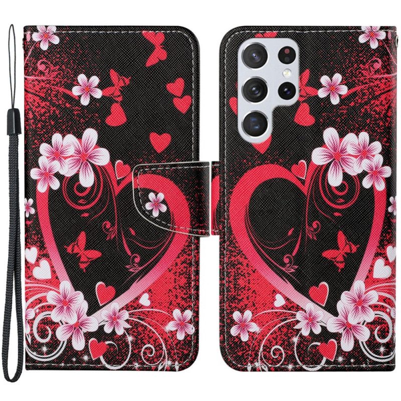 Custodia in pelle Samsung Galaxy S22 Ultra 5G Fiori E Cuori Con Cordino