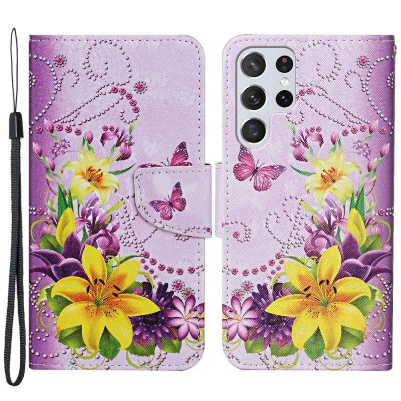 Custodia in pelle Samsung Galaxy S22 Ultra 5G Fiori Magistrali Con Cinturino