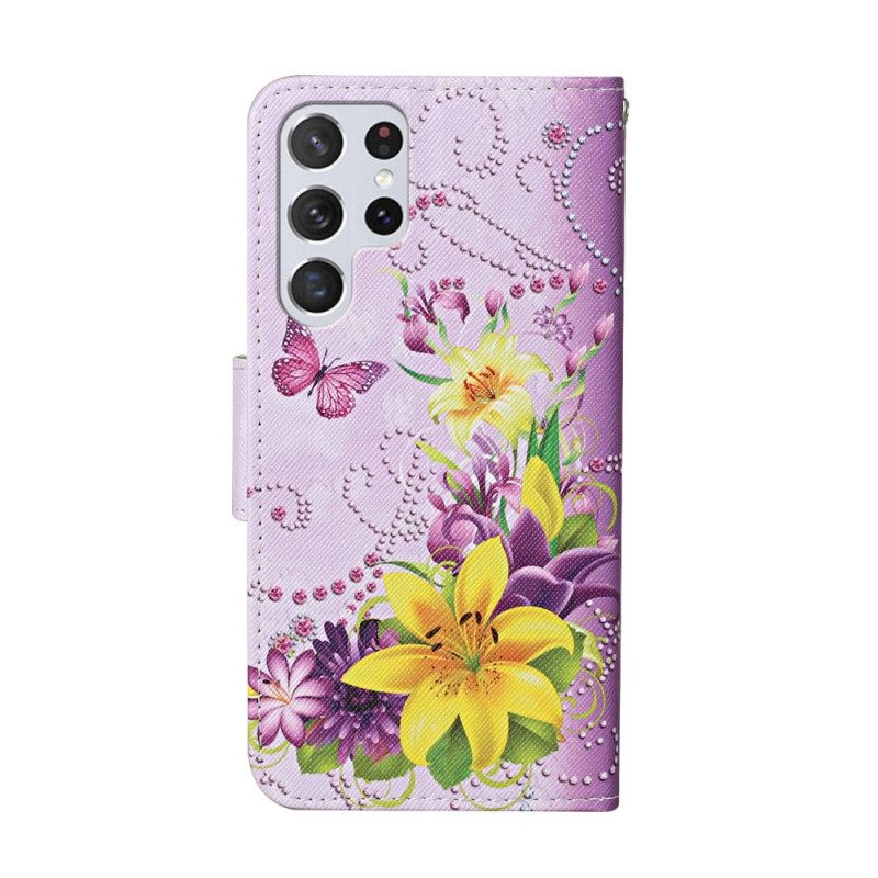 Custodia in pelle Samsung Galaxy S22 Ultra 5G Fiori Magistrali Con Cinturino