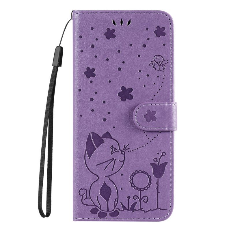 Custodia in pelle Samsung Galaxy S22 Ultra 5G Gatto E Ape Con Cordino