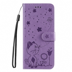 Custodia in pelle Samsung Galaxy S22 Ultra 5G Gatto E Ape Con Cordino