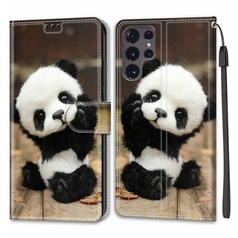 Custodia in pelle Samsung Galaxy S22 Ultra 5G Gioca A Little Panda Con Cinturino