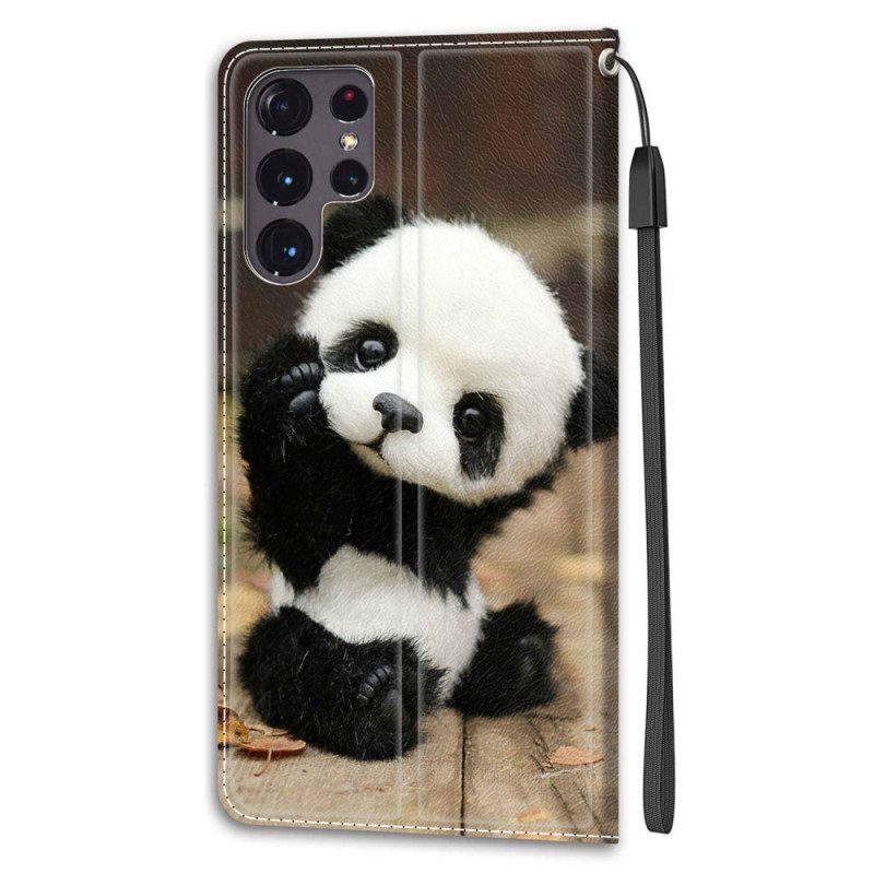 Custodia in pelle Samsung Galaxy S22 Ultra 5G Gioca A Little Panda Con Cinturino