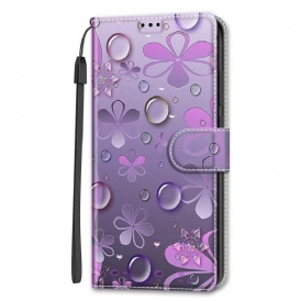 Custodia in pelle Samsung Galaxy S22 Ultra 5G Gocce D'acqua Con Cordino