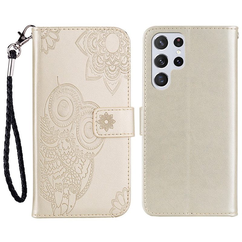 Custodia in pelle Samsung Galaxy S22 Ultra 5G Gufo Mandala E Cordino