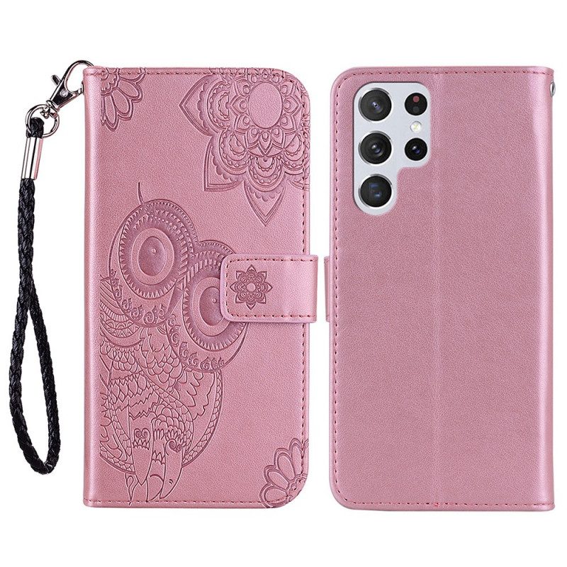 Custodia in pelle Samsung Galaxy S22 Ultra 5G Gufo Mandala E Cordino