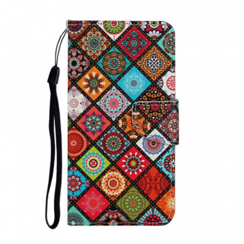 Custodia in pelle Samsung Galaxy S22 Ultra 5G Mandala Patchwork Con Cordino