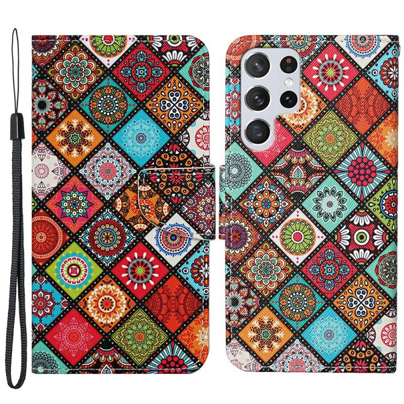 Custodia in pelle Samsung Galaxy S22 Ultra 5G Mandala Patchwork Con Cordino