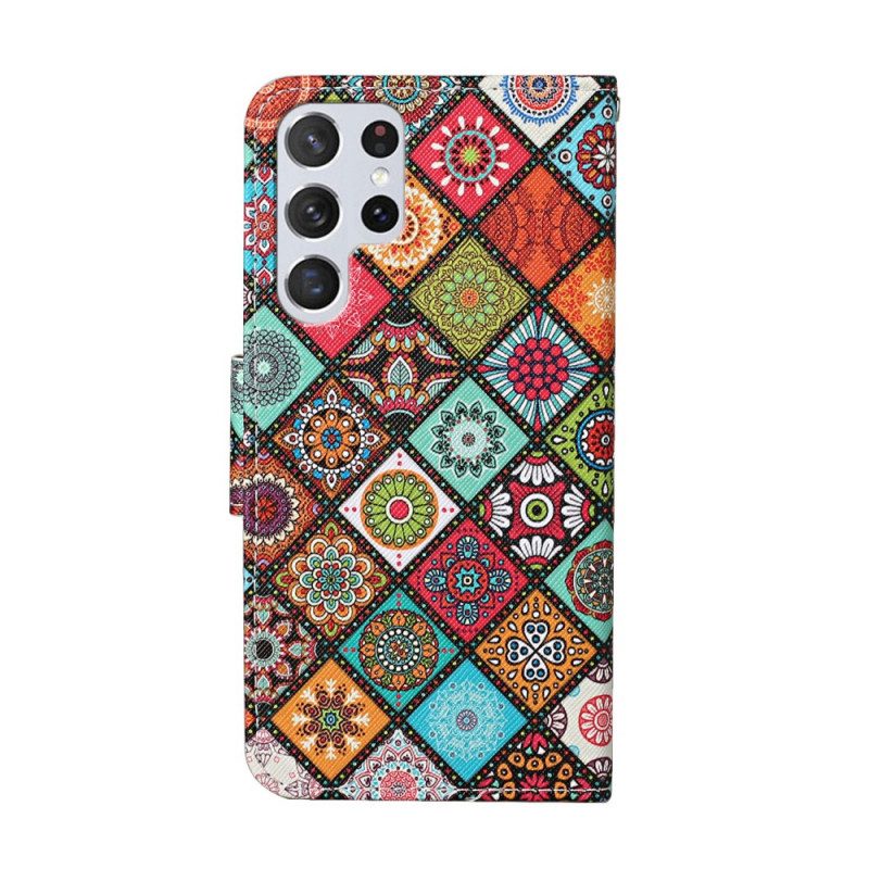 Custodia in pelle Samsung Galaxy S22 Ultra 5G Mandala Patchwork Con Cordino