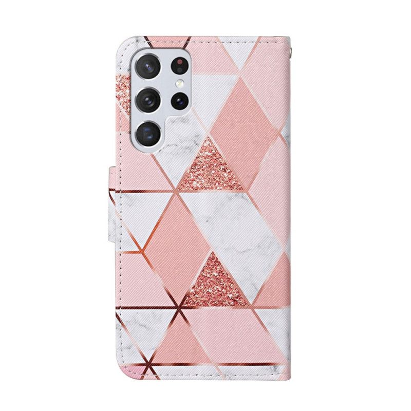 Custodia in pelle Samsung Galaxy S22 Ultra 5G Marmo E Paillettes Con Cinturino