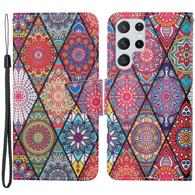 Custodia in pelle Samsung Galaxy S22 Ultra 5G Patchwork Con Cordino