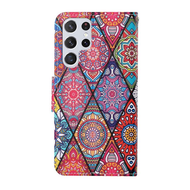 Custodia in pelle Samsung Galaxy S22 Ultra 5G Patchwork Con Cordino