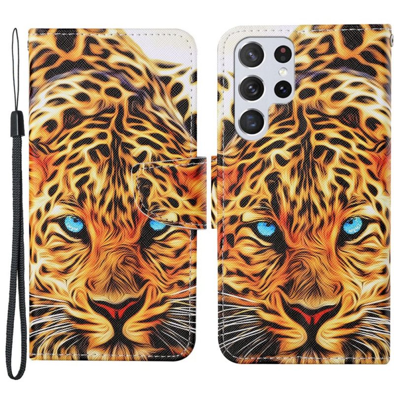 Custodia in pelle Samsung Galaxy S22 Ultra 5G Tigre Con Cordino