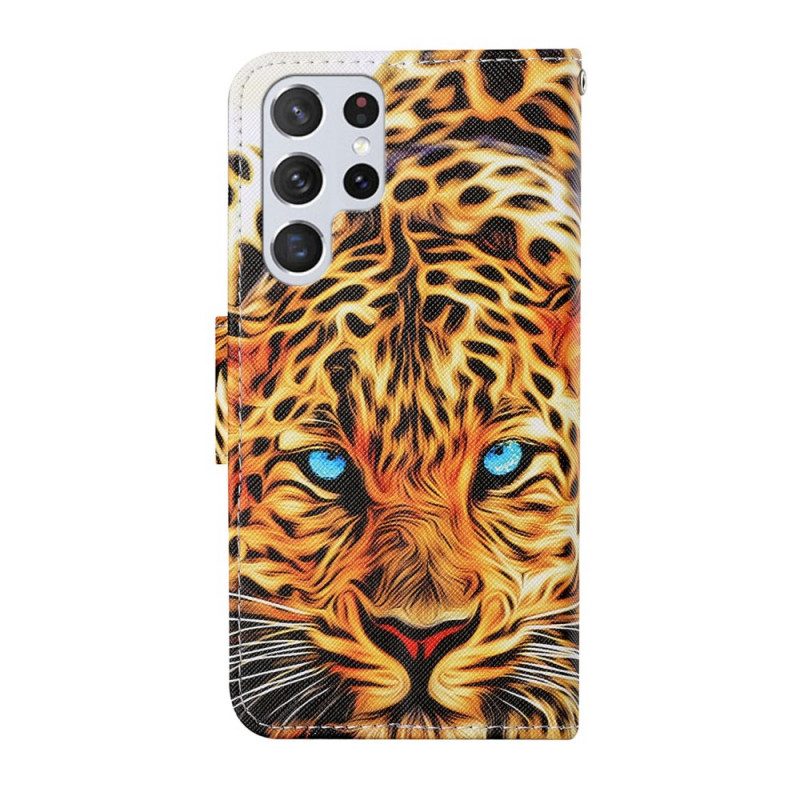 Custodia in pelle Samsung Galaxy S22 Ultra 5G Tigre Con Cordino