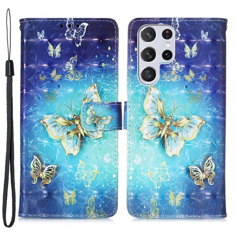 Folio Cover Samsung Galaxy S22 Ultra 5G Cordino Farfalle Dorate