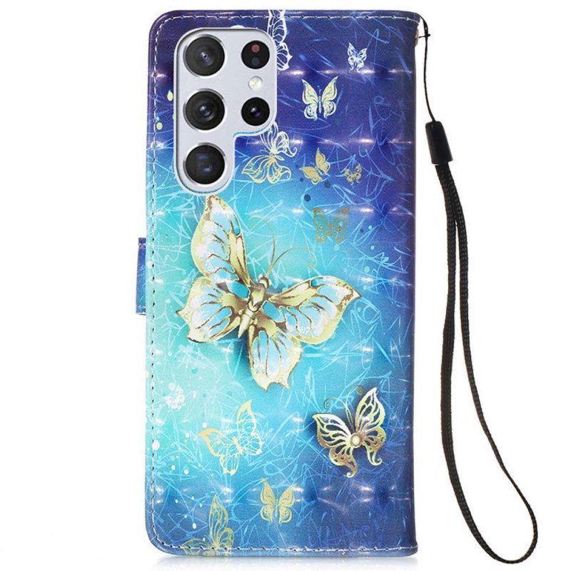 Folio Cover Samsung Galaxy S22 Ultra 5G Cordino Farfalle Dorate