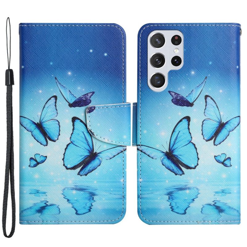 Folio Cover Samsung Galaxy S22 Ultra 5G Farfalle Blu