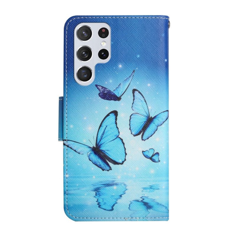 Folio Cover Samsung Galaxy S22 Ultra 5G Farfalle Blu