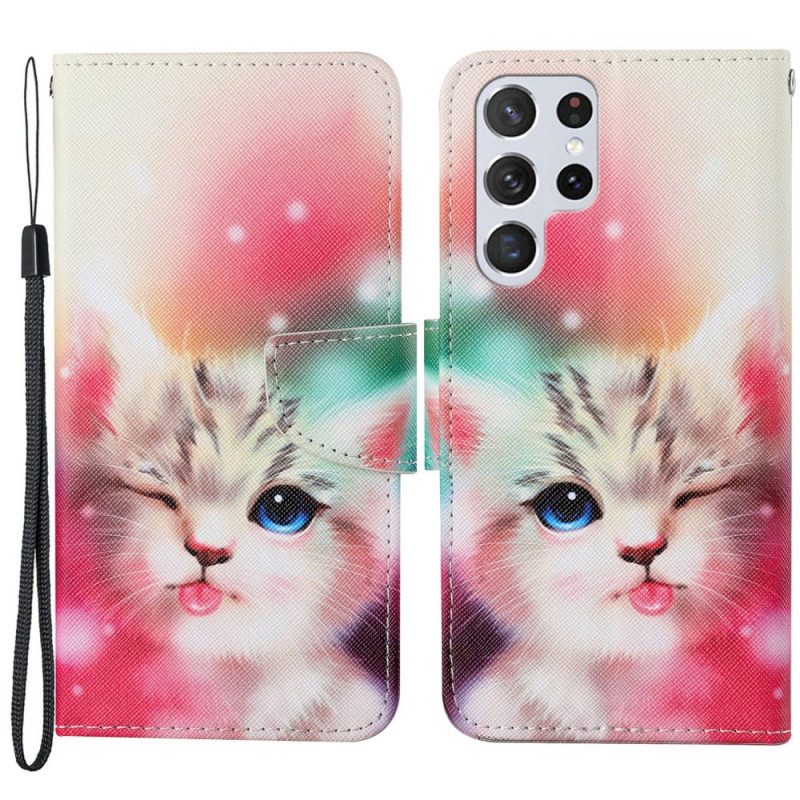 Folio Cover Samsung Galaxy S22 Ultra 5G Gatto Reale Con Cordino