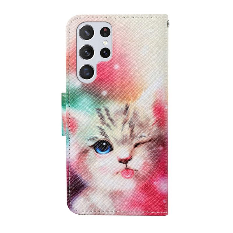 Folio Cover Samsung Galaxy S22 Ultra 5G Gatto Reale Con Cordino