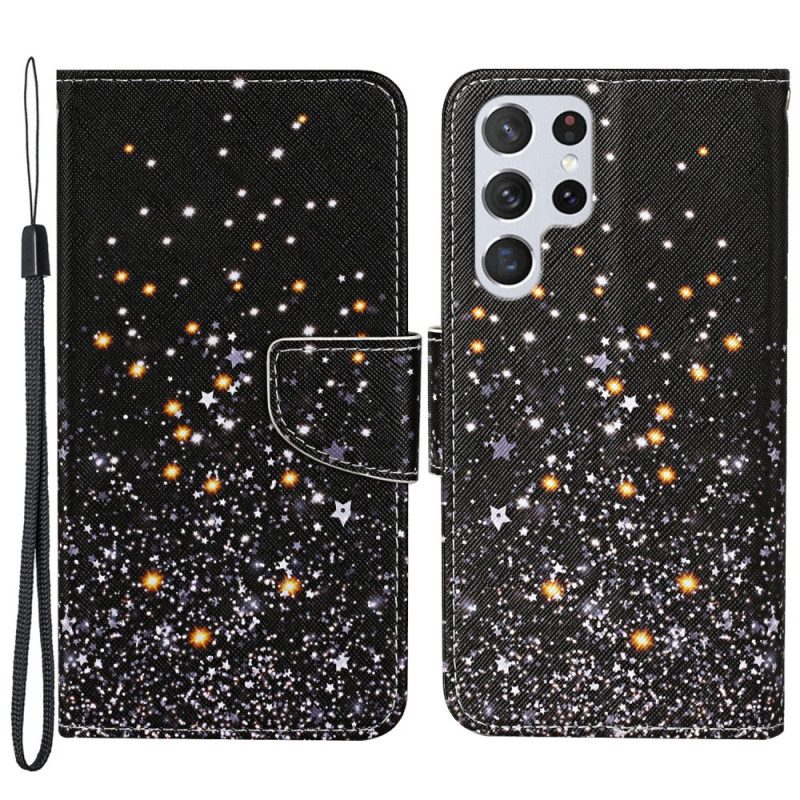 Folio Cover Samsung Galaxy S22 Ultra 5G Stelle E Paillettes Con Cordino