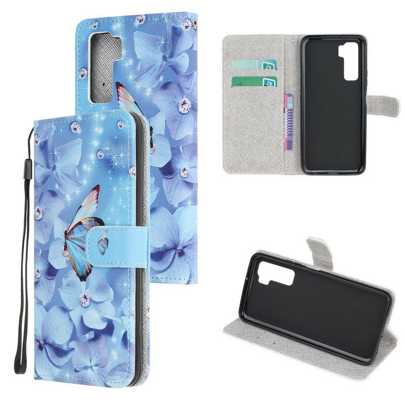 Custodia in pelle Huawei P40 Lite 5G Farfalle Di Diamanti Strappy