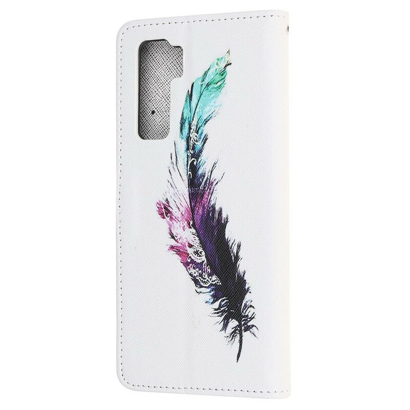 Custodia in pelle Huawei P40 Lite 5G Piuma Con Cordino