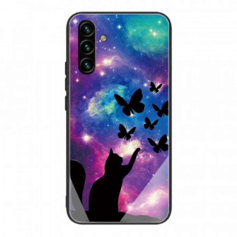 Cover Samsung Galaxy A13 5G / A04s Gatto In Vetro Temperato E Farfalle Nello Spazio