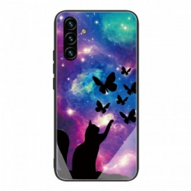 Cover Samsung Galaxy A13 5G / A04s Gatto In Vetro Temperato E Farfalle Nello Spazio