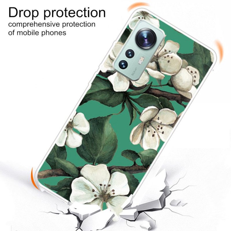 Cover Xiaomi 12 Pro Fiori Bianchi In Silicone