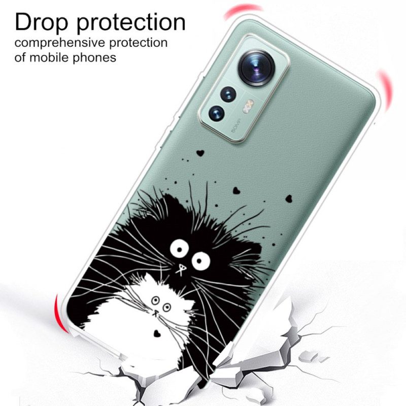 Cover Xiaomi 12 Pro Gatti In Silicone Bianco E Nero